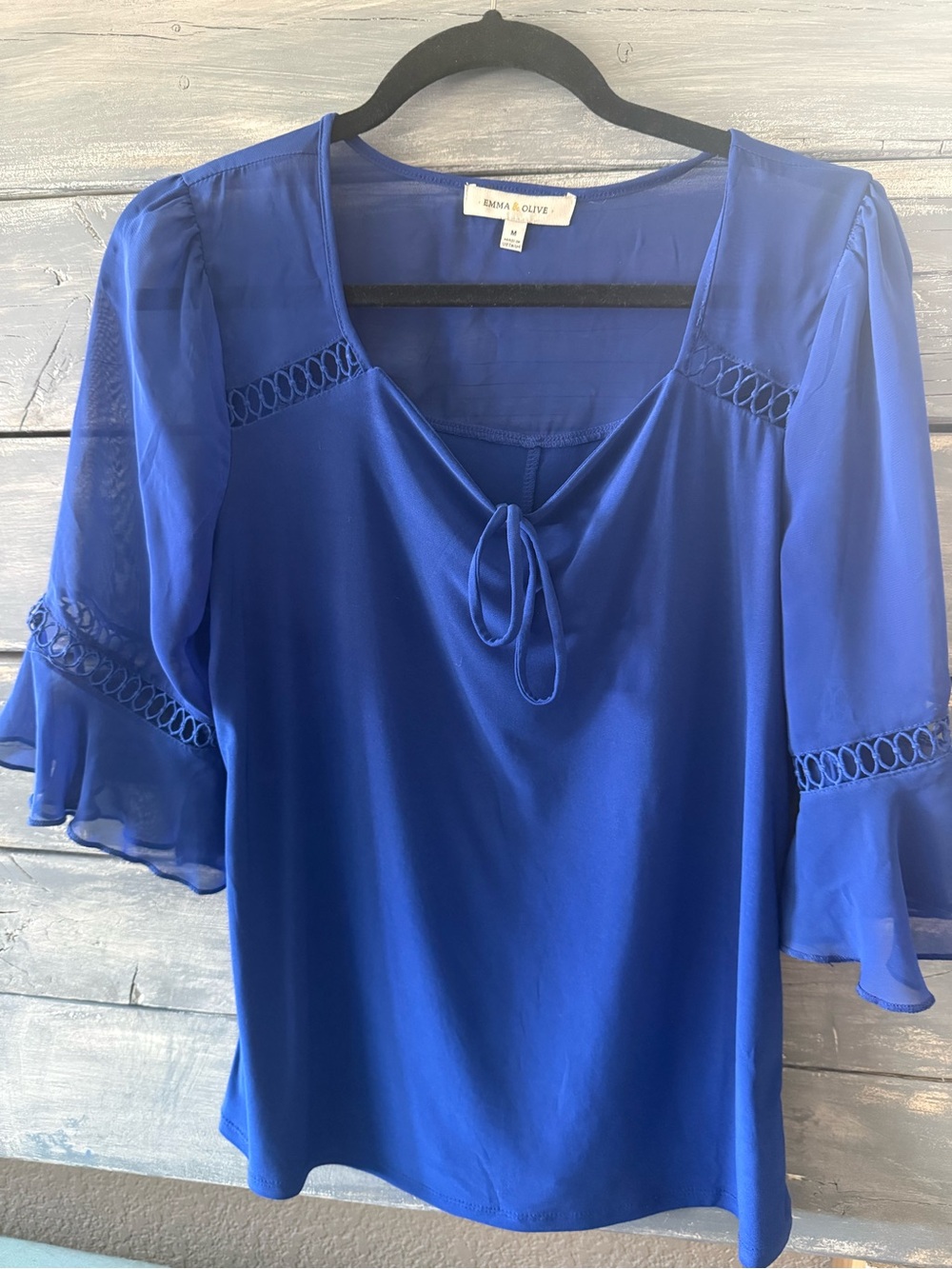 Emma & Claire Royal Blue Tie-Front Sheer Sleeve Blouse